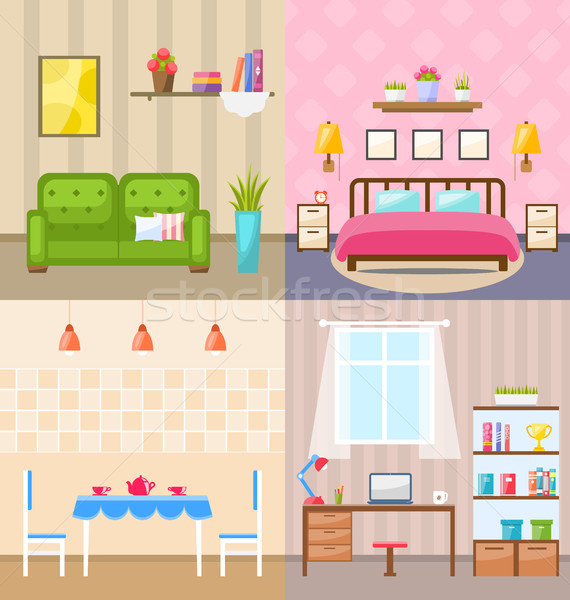 Set Room Interiors with Furniture Flat Icons Stock photo © smeagorl