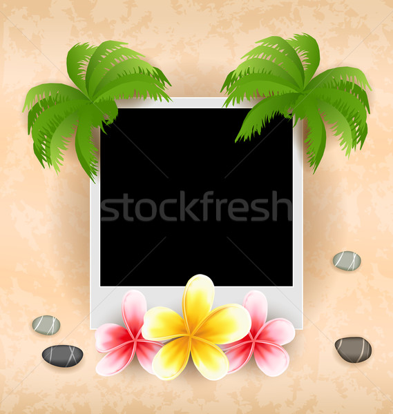 Empty photo frame with palm, flowers frangipani, sea pebbles Stock photo © smeagorl