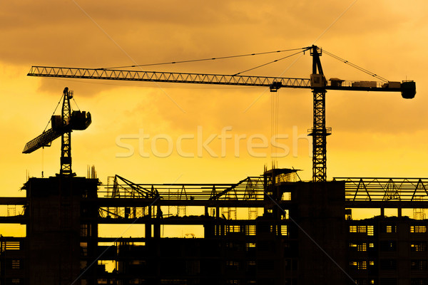 Construcción grúa siluetas dorado nublado cielo Foto stock © smuay