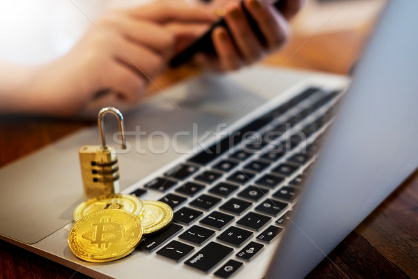 Stock photo: golden metal Bitcoin crypto currency investment- symbolic block 