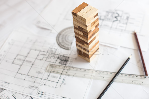 blueprint wooden block  tower, Planning, risk and strategy in bu Stock photo © snowing