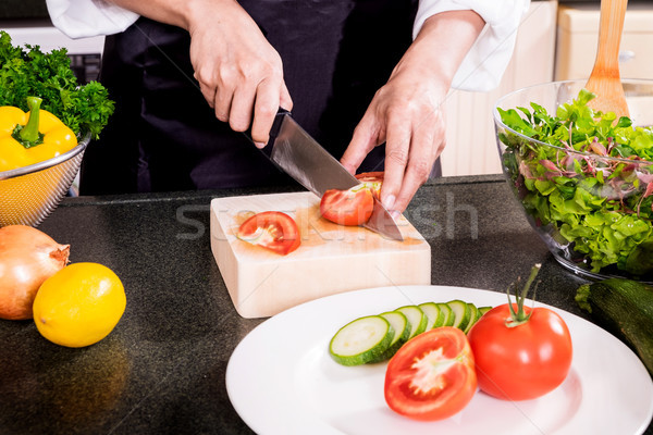 Stockfoto: Gezonde · vrouw · salade · olijfolie · tomaat