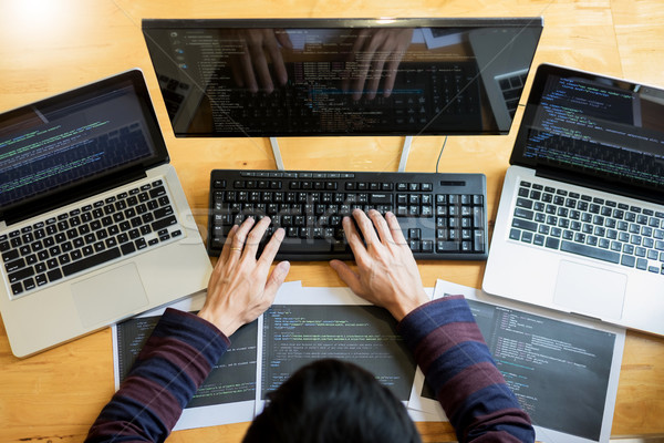 Pensive programmer working on on desktop pc programming code tec Stock photo © snowing