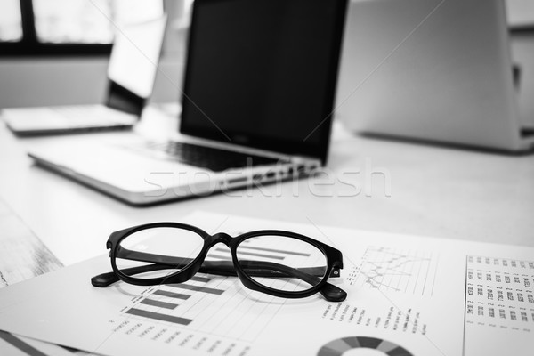 A note book, laptop, glasses, mouse, vintage compass, coffee cup Stock photo © snowing