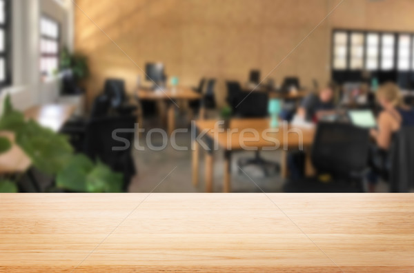 Selected focus empty brown wooden table in office with big windo Stock photo © snowing