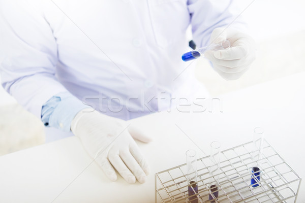 Asian scientific researcher working in laboratory holds test tub Stock photo © snowing