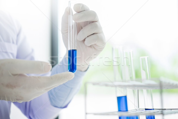 Stock photo: Asian scientific researcher working in laboratory holds test tub
