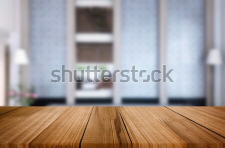 Stock photo: Empty of wood table top on blur of window glass in the morning b