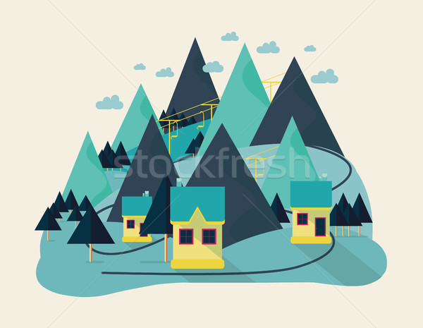 Flat eco design of abstract idyllic village on hills, rural landscape with field, house, forest, riv Stock photo © softulka