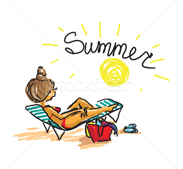 Woman sunbathing on beach. Trendy hand drawing doodle vector ilustration Stock photo © softulka