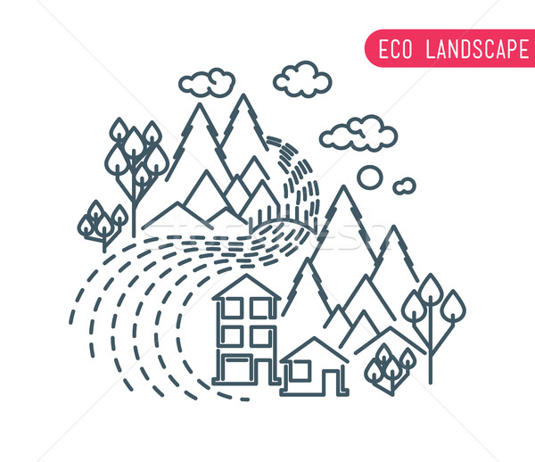 Stock photo: Thin line landscape flat eco design, rural background