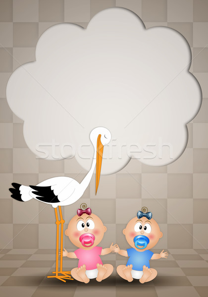 stork with twins male and female Stock photo © sognolucido