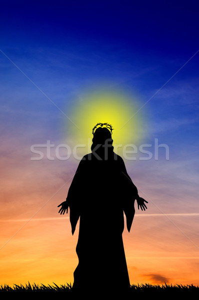 Foto stock: Jesus · cristo · ilustração · pôr · do · sol · nuvens · igreja