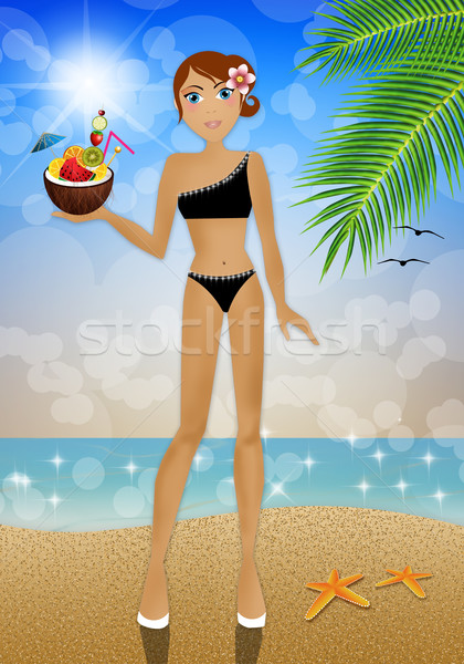 Woman with coconut on the beach Stock photo © sognolucido