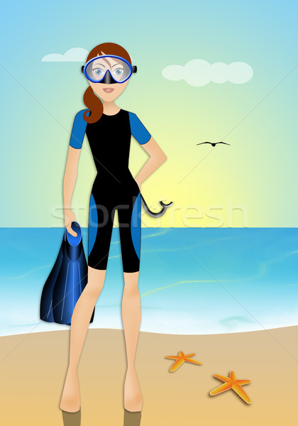ストックフォト: 女性 · ダイビング · マスク · ビーチ · 実例
