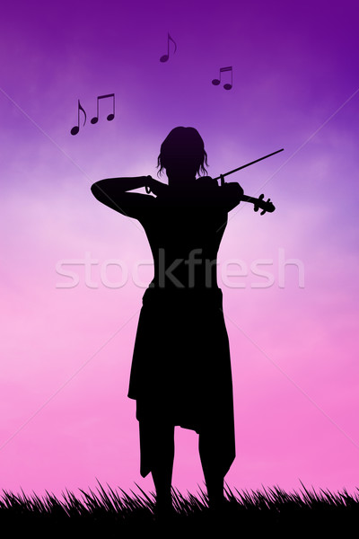 Violonist apus ilustrare femeie natură distracţie Imagine de stoc © sognolucido