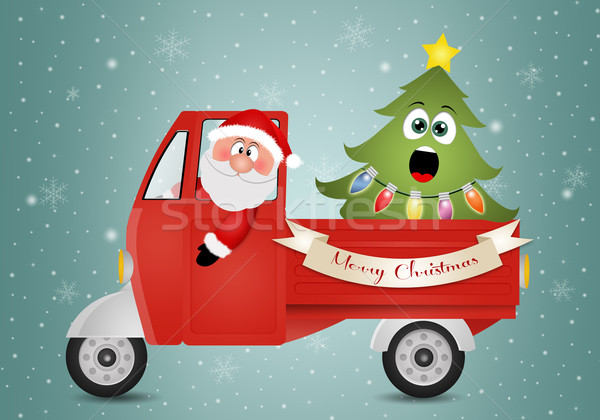Vidám karácsony illusztráció mikulás furgon karácsonyfa Stock fotó © sognolucido