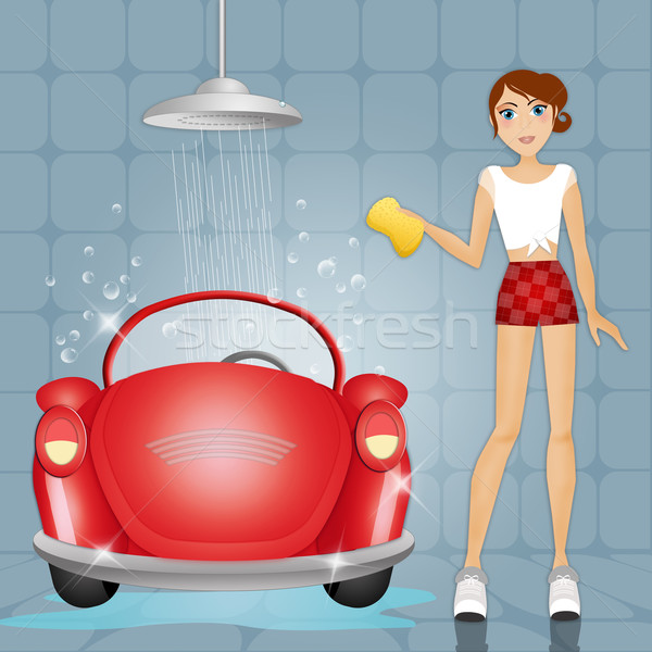 Vrouw car wash illustratie water auto dienst Stockfoto © sognolucido