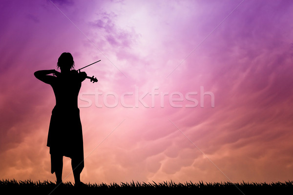Violoniste femme coucher du soleil illustration nature amusement Photo stock © sognolucido
