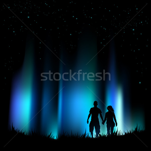 [[stock_photo]]: Nord · lumières · aurora · couple · mains · tenant · regarder