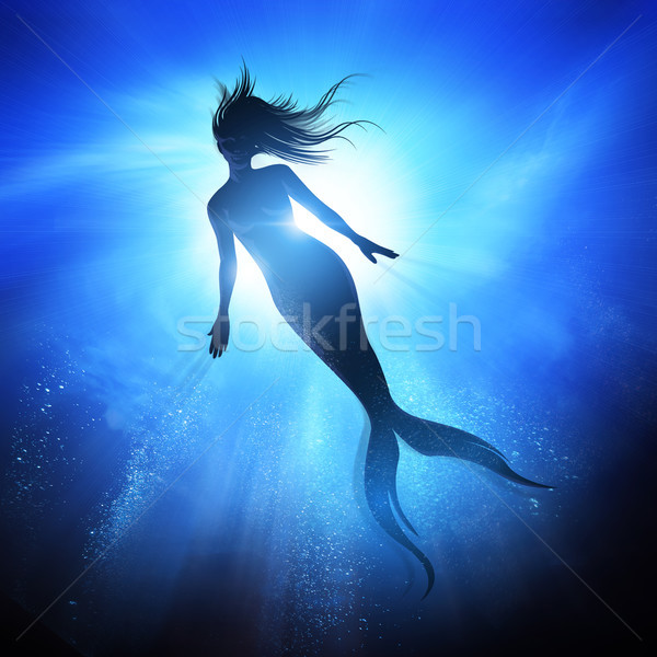 Natação sereia ondas silhueta longo peixe Foto stock © solarseven