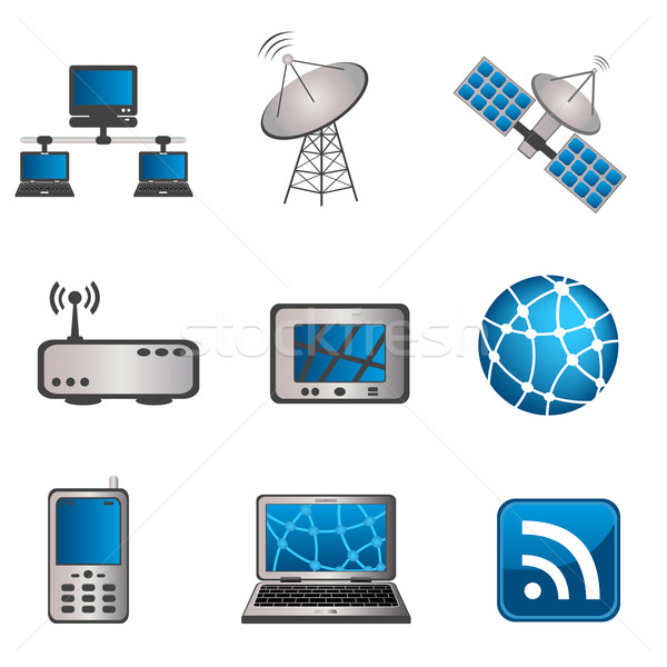 Stock fotó: Kommunikáció · számítógép · ikon · szett · technológia · földgömb · laptop