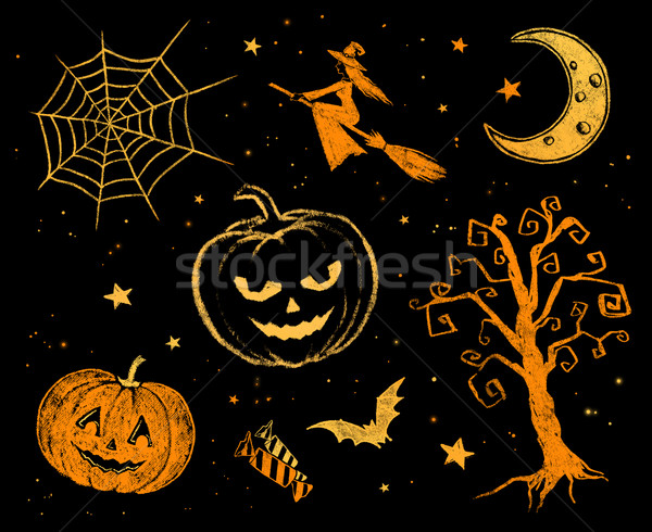 Foto stock: Halloween · dibujos · colección · color · amarillo · naranja
