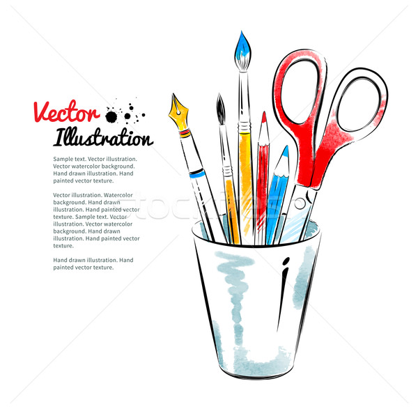 Brushes, pen, pencils and scissors in holder.  Stock photo © Sonya_illustrations