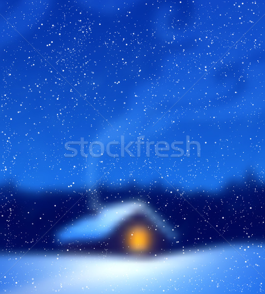 Neclara iarnă amurg casă pădure zăpadă Imagine de stoc © Sonya_illustrations