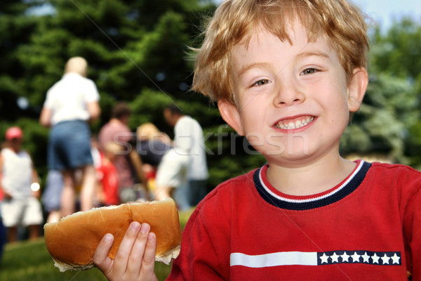 Hot dog młody chłopak sąsiedztwo piknik rodziny Zdjęcia stock © soupstock