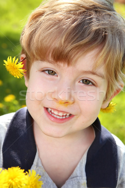 Ragazzo denti di leone piedi campo Foto d'archivio © soupstock