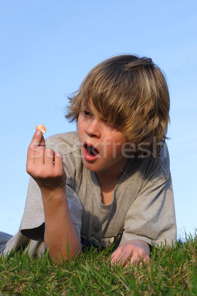 Gevoel gelukkig jongen penny gras hand Stockfoto © soupstock