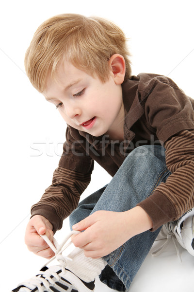 Fiú cipők fiatal srác tanul nyakkendő kezek Stock fotó © soupstock