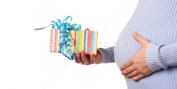 Születésnap terhes nő tart gyomor ajándék szeretet Stock fotó © soupstock
