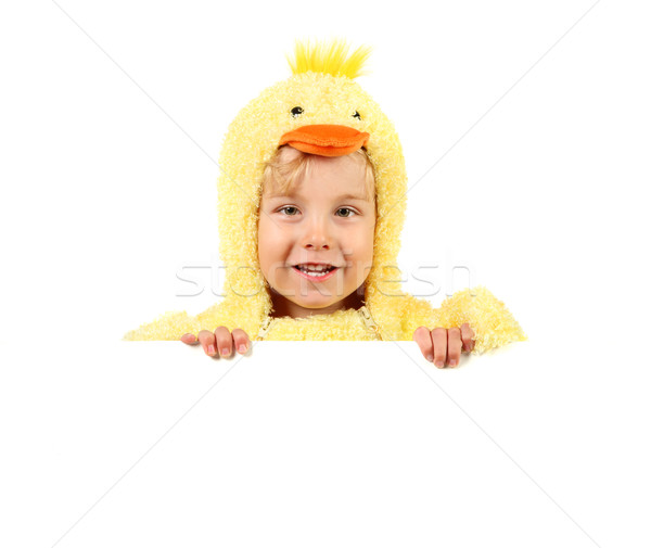 Boy in chicken costume holding sign Stock photo © soupstock
