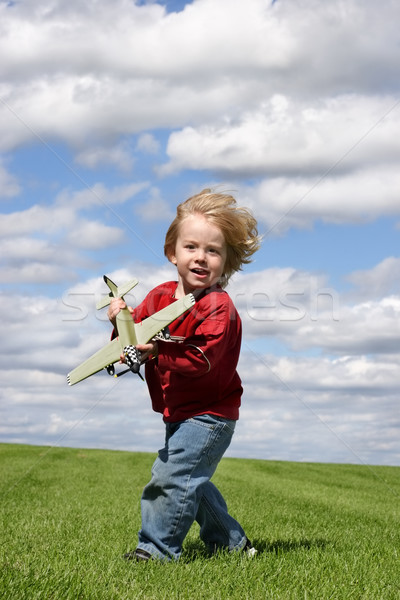 ветер игрушку самолет зеленая трава Blue Sky Сток-фото © soupstock