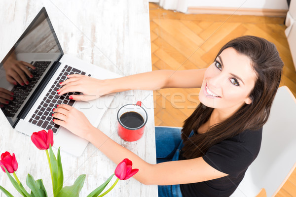 Jóvenes mujer hermosa usando la computadora portátil casa ordenador mujer Foto stock © Spectral