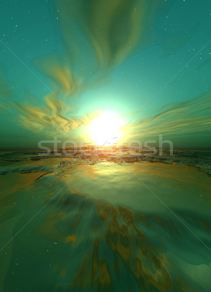 Ilustrare 3d verde suprarealist răsărit digital nori Imagine de stoc © Spectral