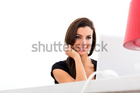 Stock foto: Jungen · schöne · Frau · lächelnd · mit · Laptop · home · heiter