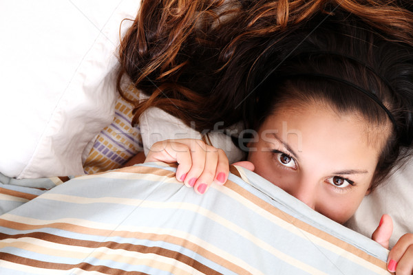 Rejtőzködik pléd fiatal nő lány arc haj Stock fotó © Spectral