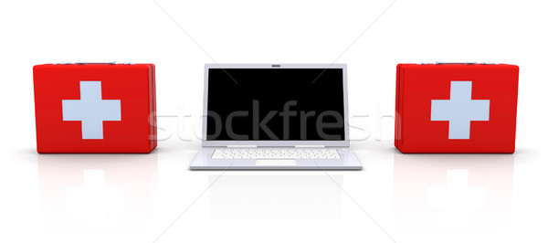 Stock fotó: Laptop · elsősegély · 3d · illusztráció · izolált · fehér · billentyűzet
