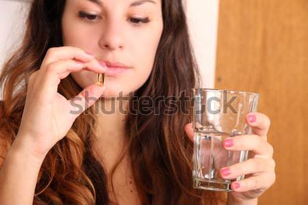 Stock foto: Aufnahme · Pille · Glas · Wasser · Frau