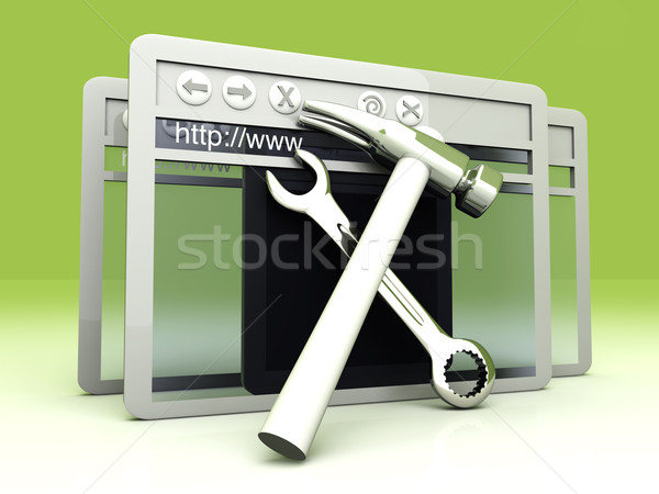 Weboldal építkezés 3d illusztráció munka kalapács szörfözik Stock fotó © Spectral
