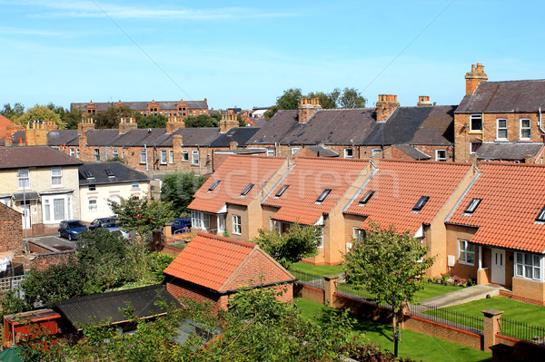 [[stock_photo]]: Modernes · logement · jardin · brique · tuiles