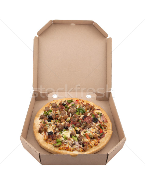 Foto stock: Pizza · caja · de · cartón · alimentos · carne · grasa