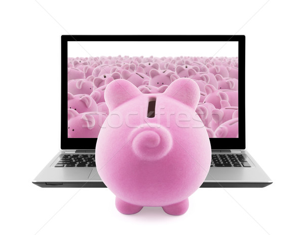 Piggy banks and laptop isolated on white Stock photo © sqback