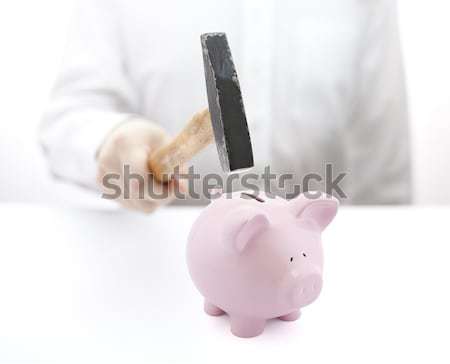 Foto stock: Rosa · alcancía · mano · martillo · dinero · financiar