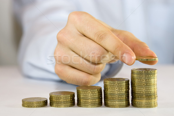 Stock foto: Aufgang · Münzen · Business · Geld · Hand · Gebäude