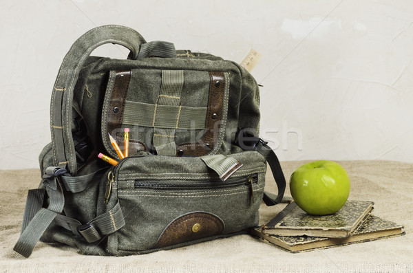 Plecak powrót do szkoły retro jabłko starych książek Zdjęcia stock © SRNR