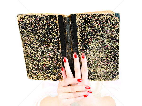 Lectură carte femeie mâini carte veche bibliotecă Imagine de stoc © SRNR
